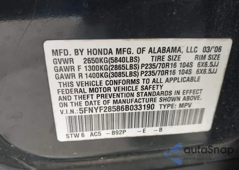 2006 Honda Pilot Ex-L from USA, damaged, VIN 5FNYF28586B033190